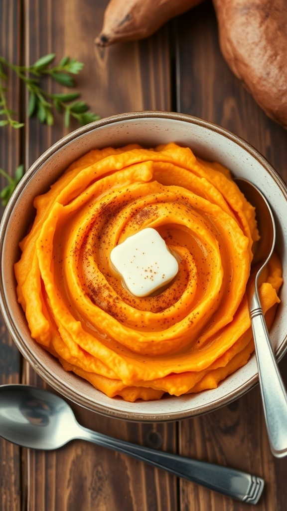 A bowl of creamy mashed sweet potatoes with butter and cinnamon, on a rustic wooden table.